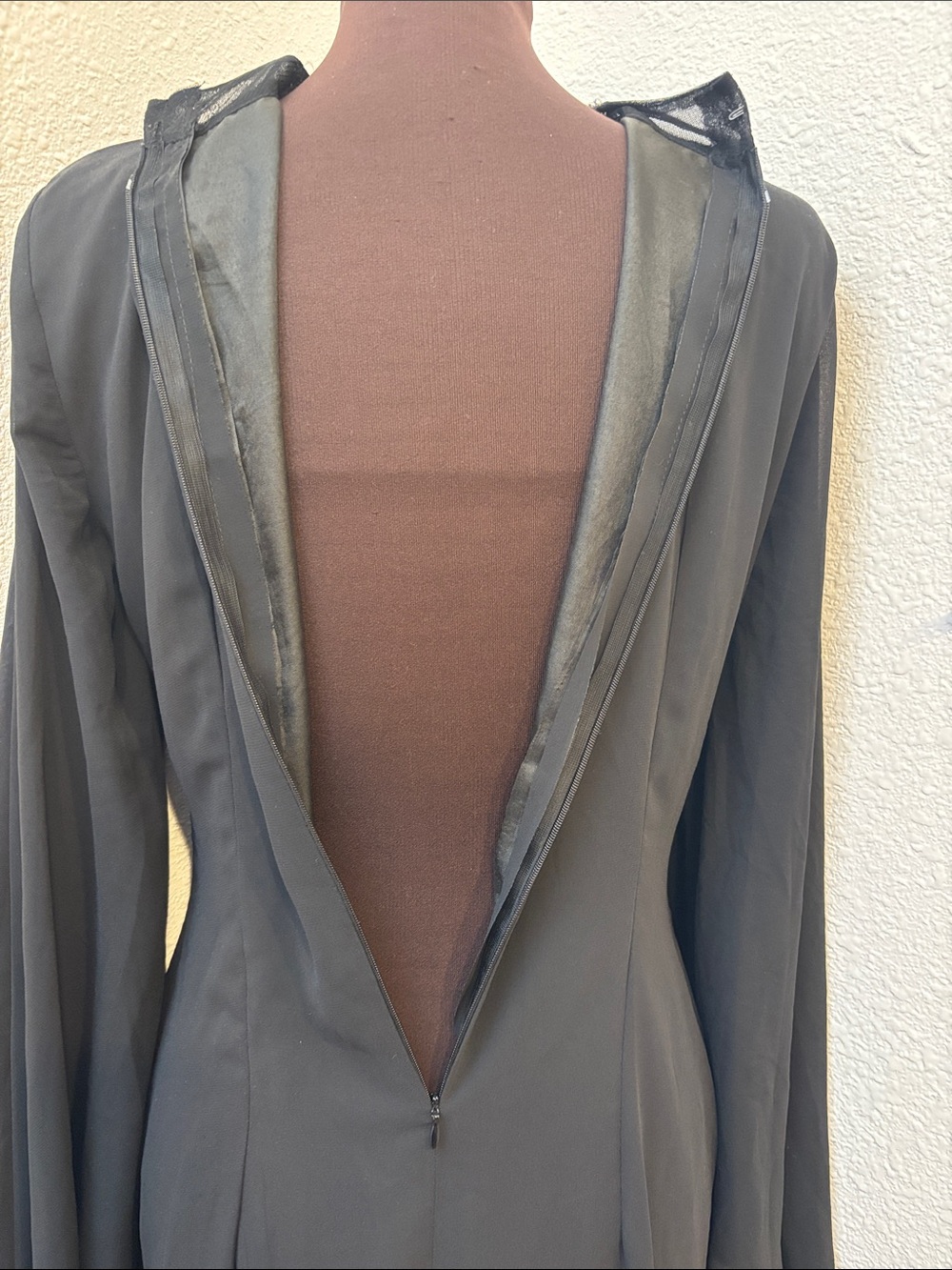 Elegant black long bell sleeve maxi dress with jeweled neckline. Size S. - Picture 11 of 17